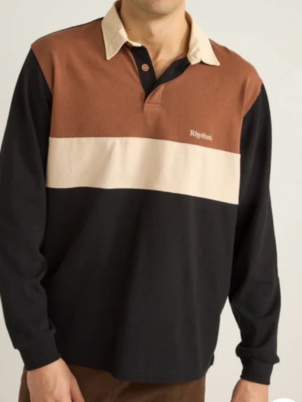 Rhythm Men’s Hayes Shirt Long Sleeve Rugby Polo Size L Brown Black NWT Cotton